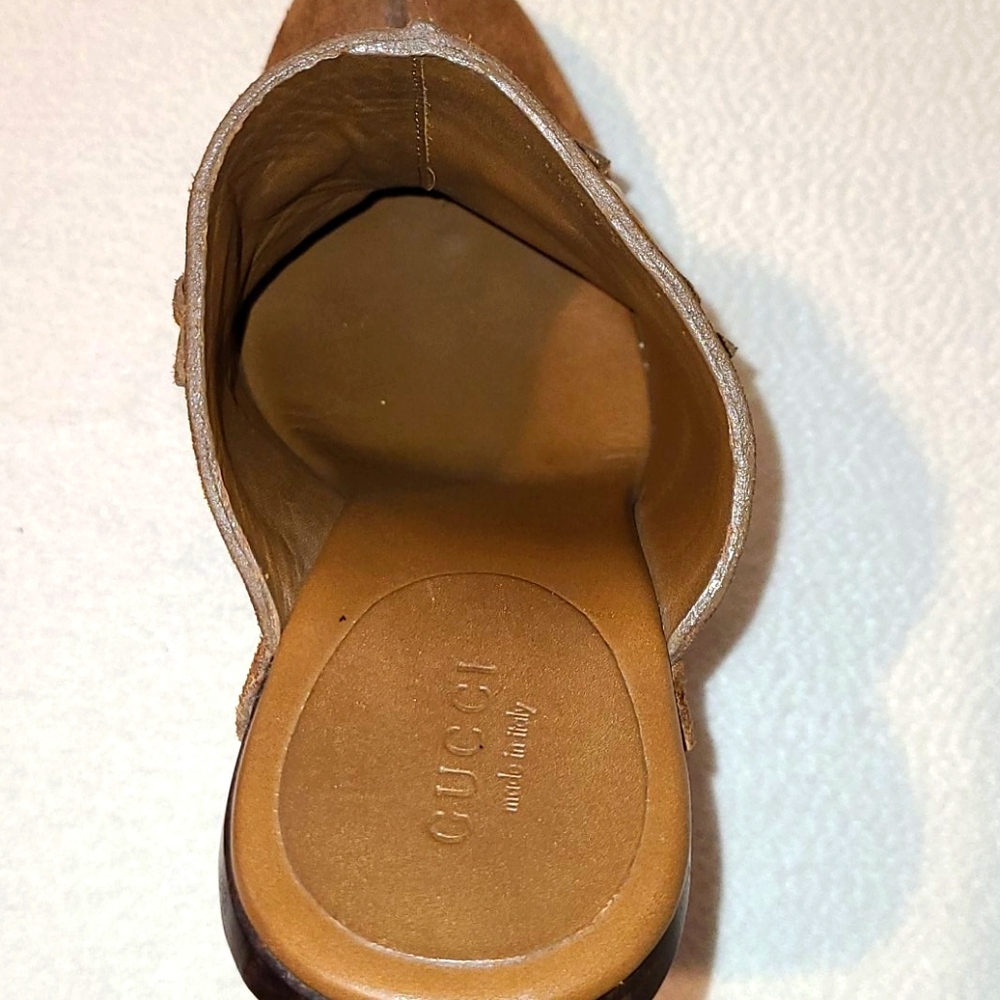 GUCCI SUEDE BROWN HIGH HEEL CLOGS - Picture 6 of 11